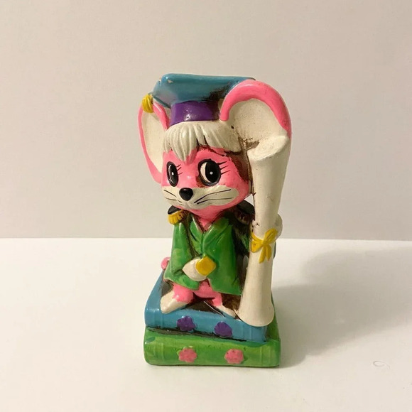 Vintage 1968 OSL Coin Bank Japan Graduating Pink Mouse  7 Inch Tall Figurine - Picture 11 of 16